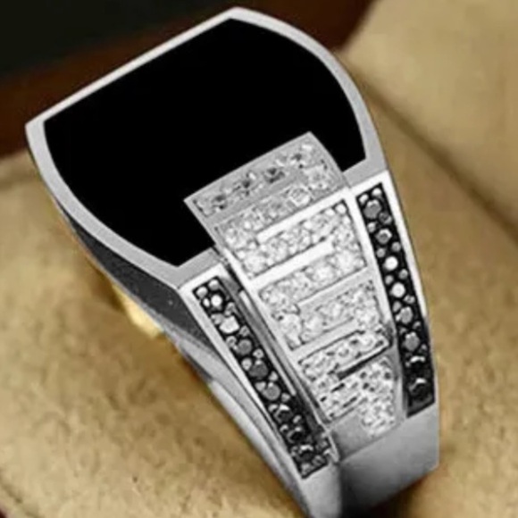 STERLING SILVER MENS RING BLACK ONYX AND BLACK AND NATURAL CRYSTAL US SI… - Picture 2 of 7